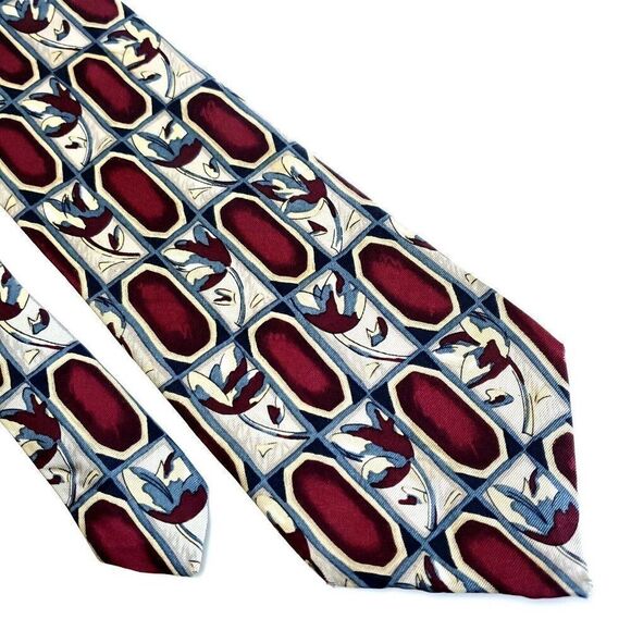 Haggar Yellow Tan Floral‎ Geometric Print Short Wide Silk Tie - Picture 1 of 6